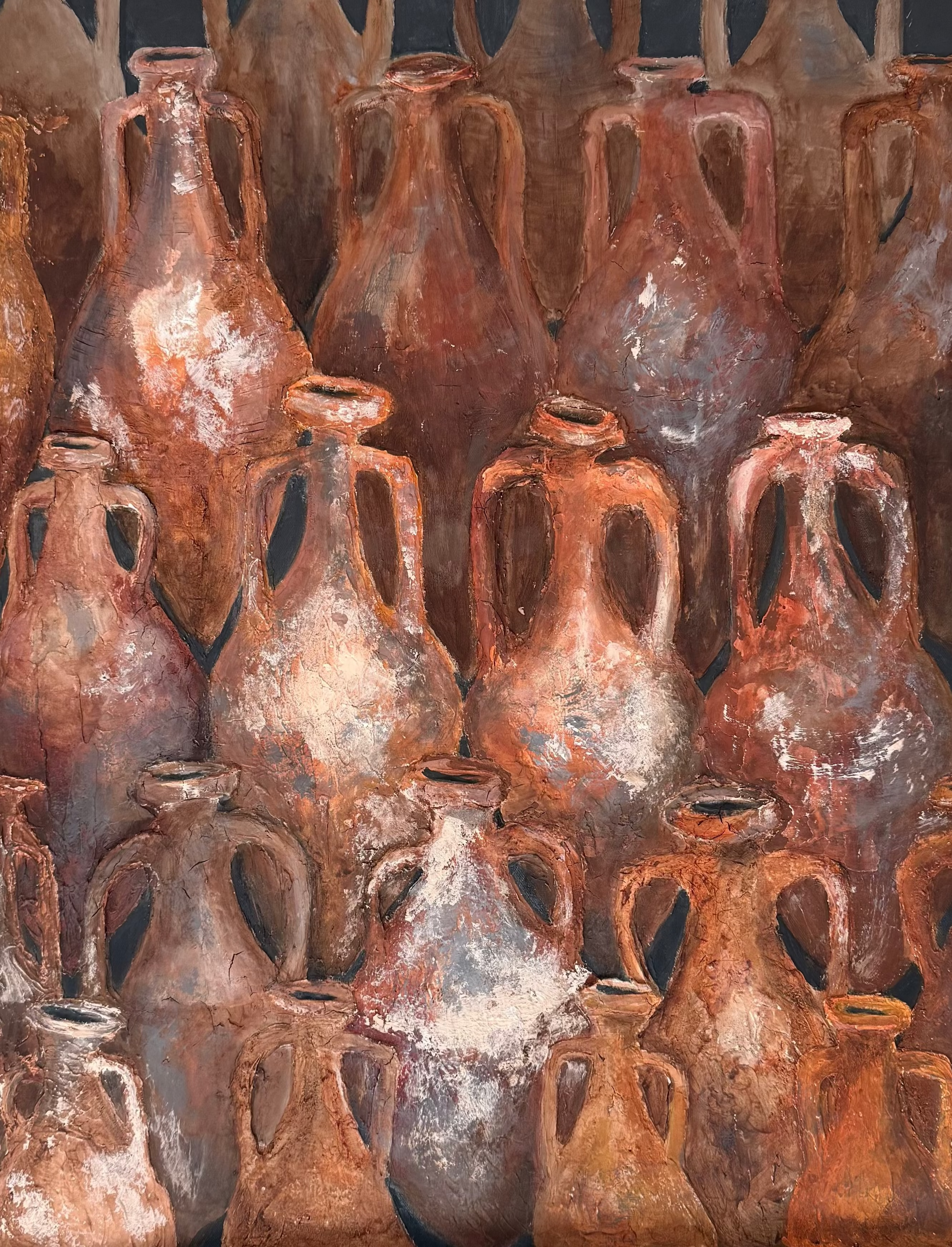 Abstract mixed media artwork showing layered textures inspired by ancient amphorae recovered from a maritime shipwreck
