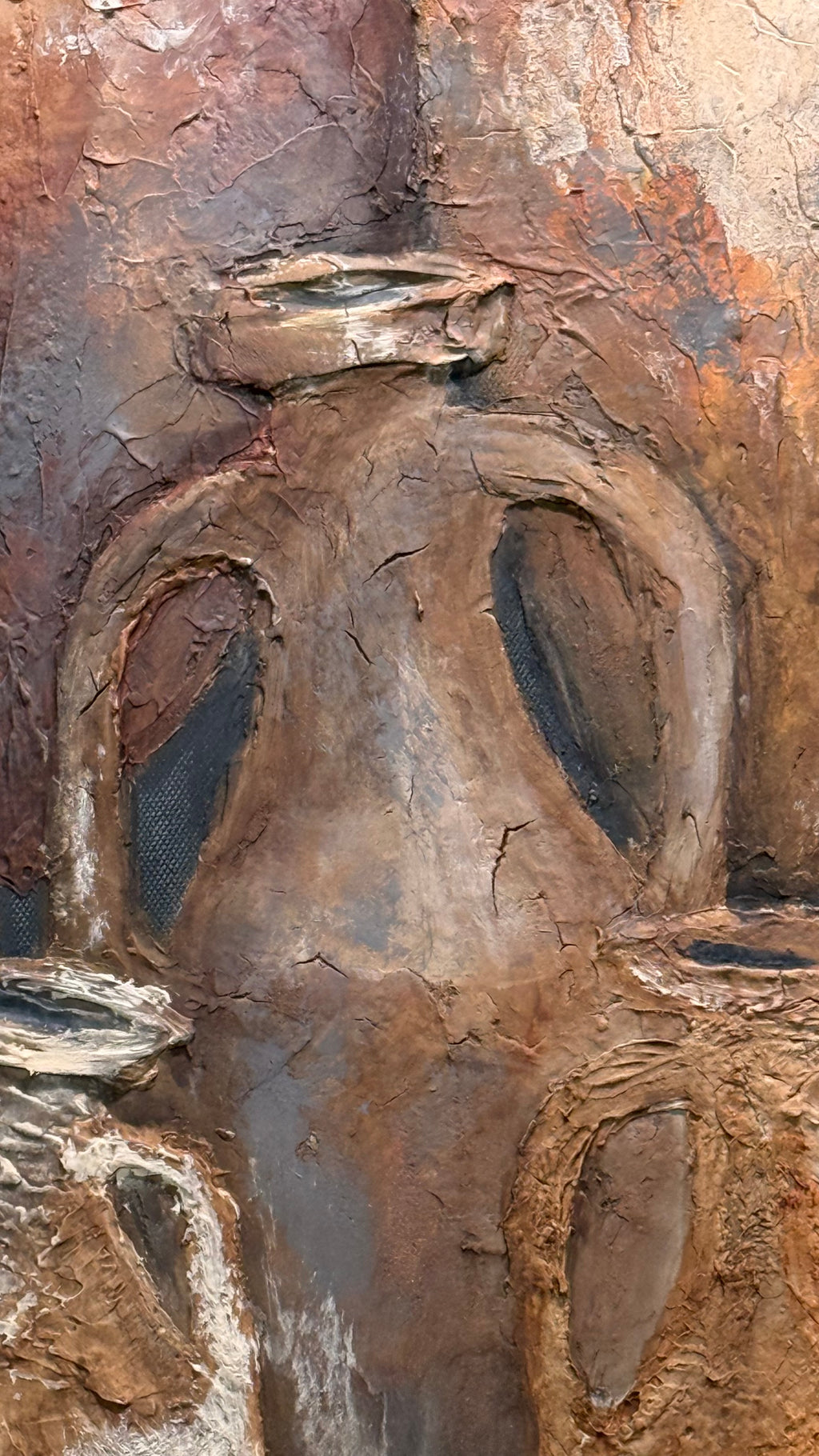 Detail of layered mixed media surface with softened forms suggesting ancient trade vessels and passage over time