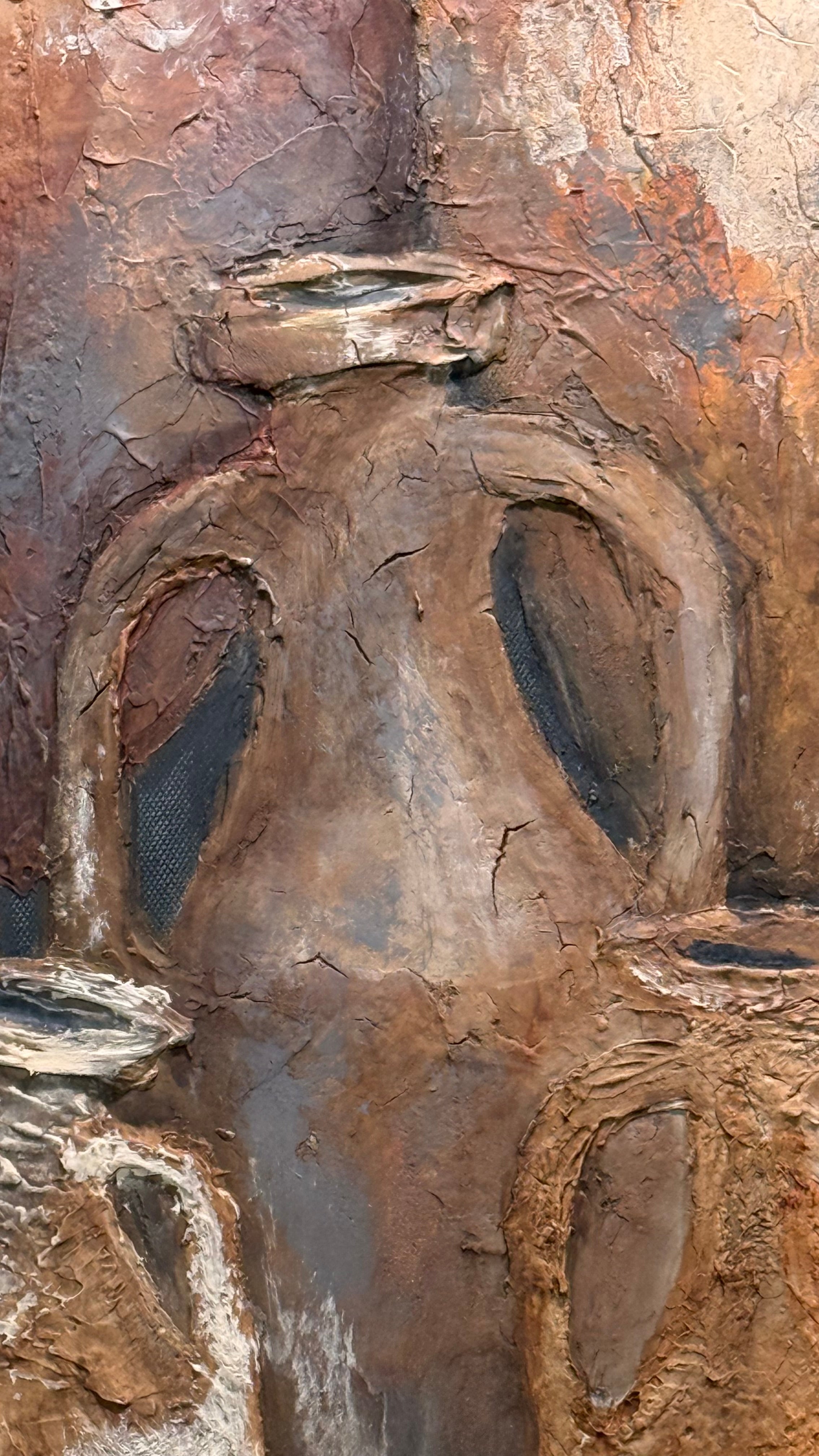 Detail of layered mixed media surface with softened forms suggesting ancient trade vessels and passage over time