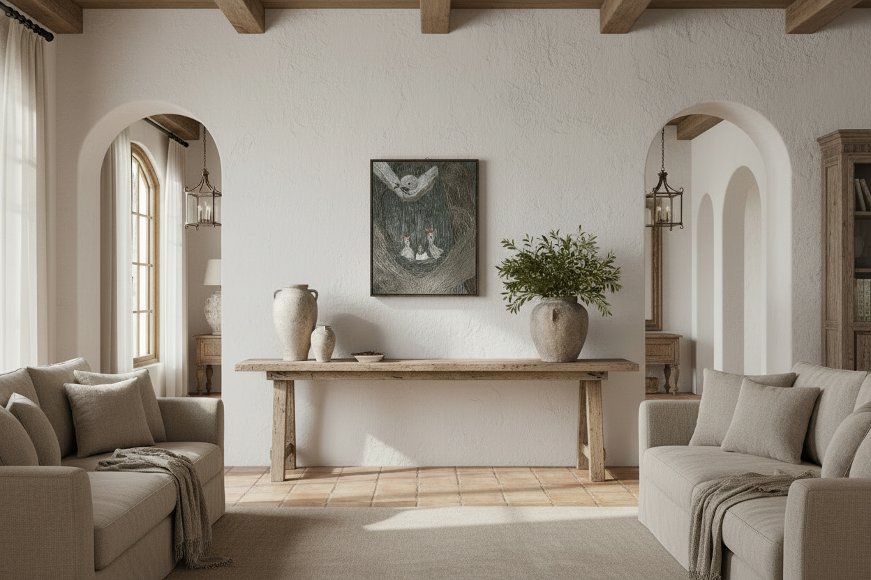 Painting In situ display, Mediterranean Living room with beige sofas, a wooden table, and decorative items.