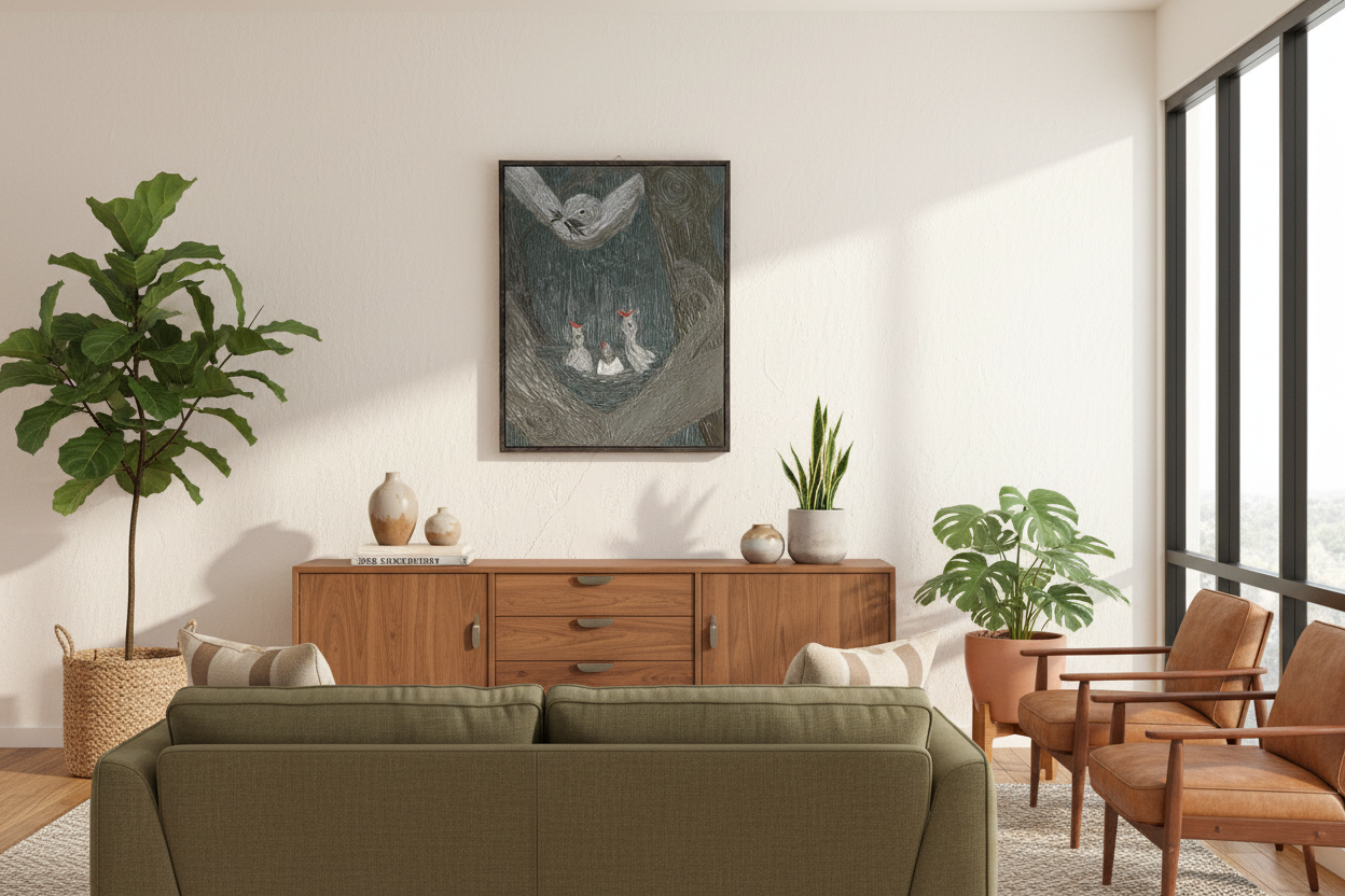 Modern living room displaying painting "The Return to the Nest" in situ with green sofa, wooden sideboard, and plants.