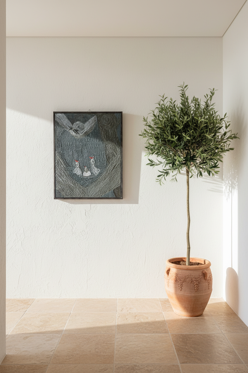 Potted plant in a room with a painting on the wall