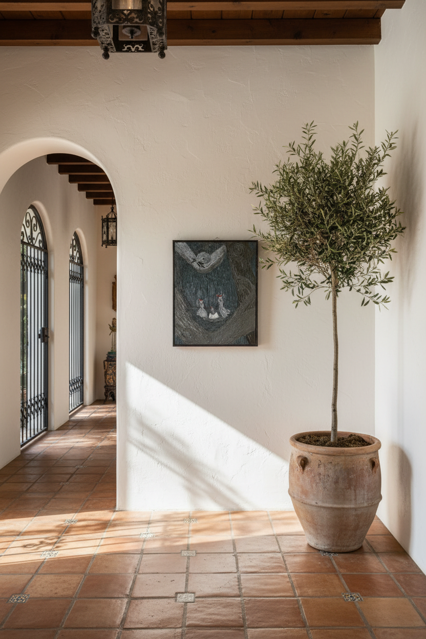 Potted olive tree in a sunlit room with tiled floor and archway
