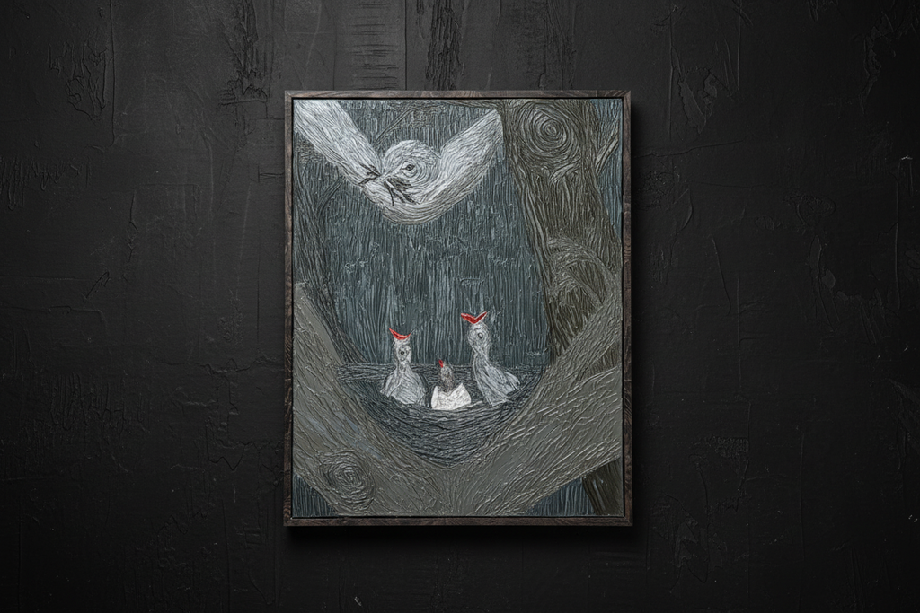 Framed artwork of a celestial scene with three figures on a dark background. This textured painting captures the timeless story of nurture and resilience. Nestled safely between two sturdy branches of an ancient oak tree, three birdlings await their mother’s return—each small beak tilted skyward with quiet anticipation. Above, the mother bird gracefully navigates her flight through the dense forest, carrying sticks and nourishment to sustain her young. The scene embodies the strength of nature, where the oa