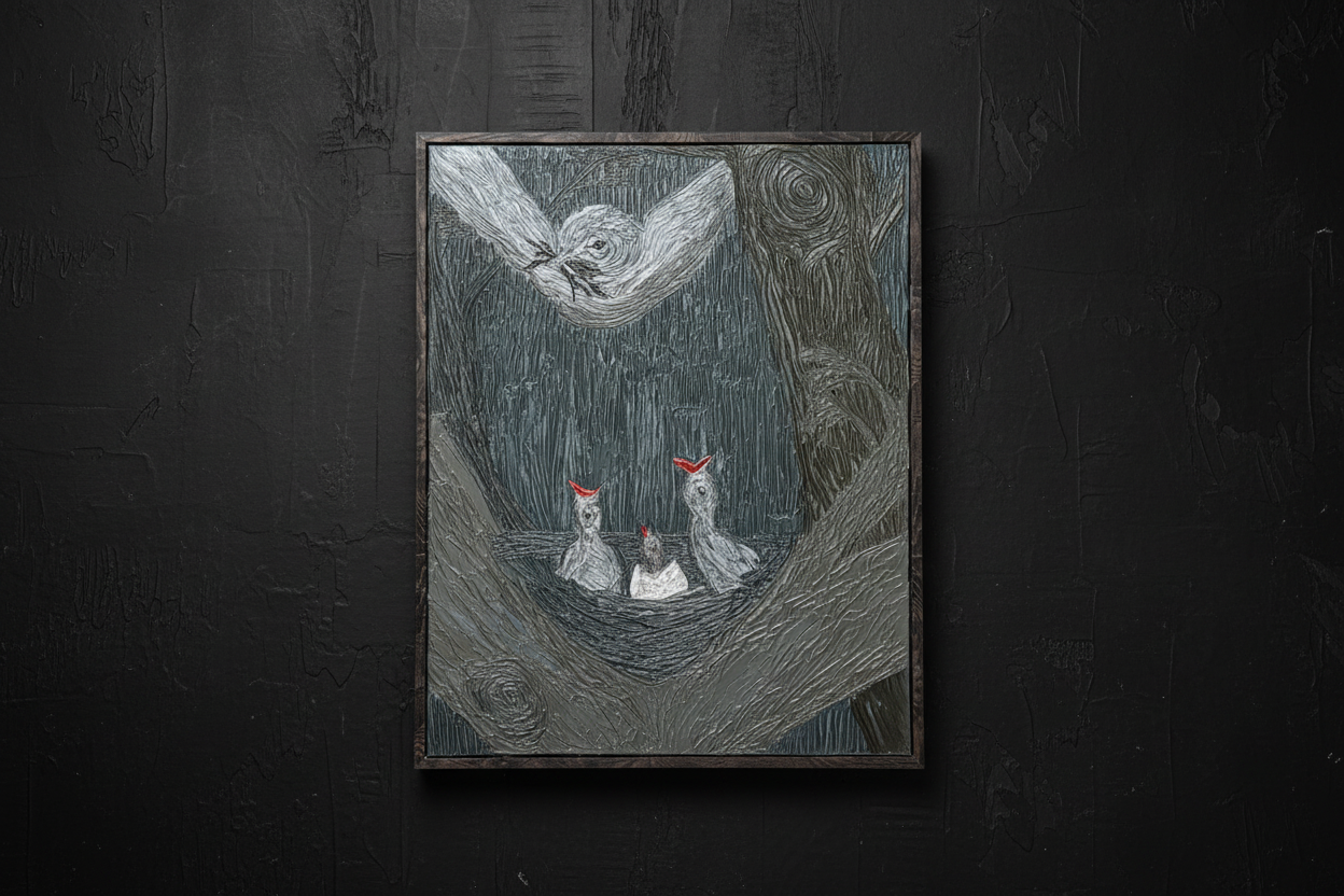 Framed artwork of a celestial scene with three figures on a dark background. This textured painting captures the timeless story of nurture and resilience. Nestled safely between two sturdy branches of an ancient oak tree, three birdlings await their mother’s return—each small beak tilted skyward with quiet anticipation. Above, the mother bird gracefully navigates her flight through the dense forest, carrying sticks and nourishment to sustain her young. The scene embodies the strength of nature, where the oa
