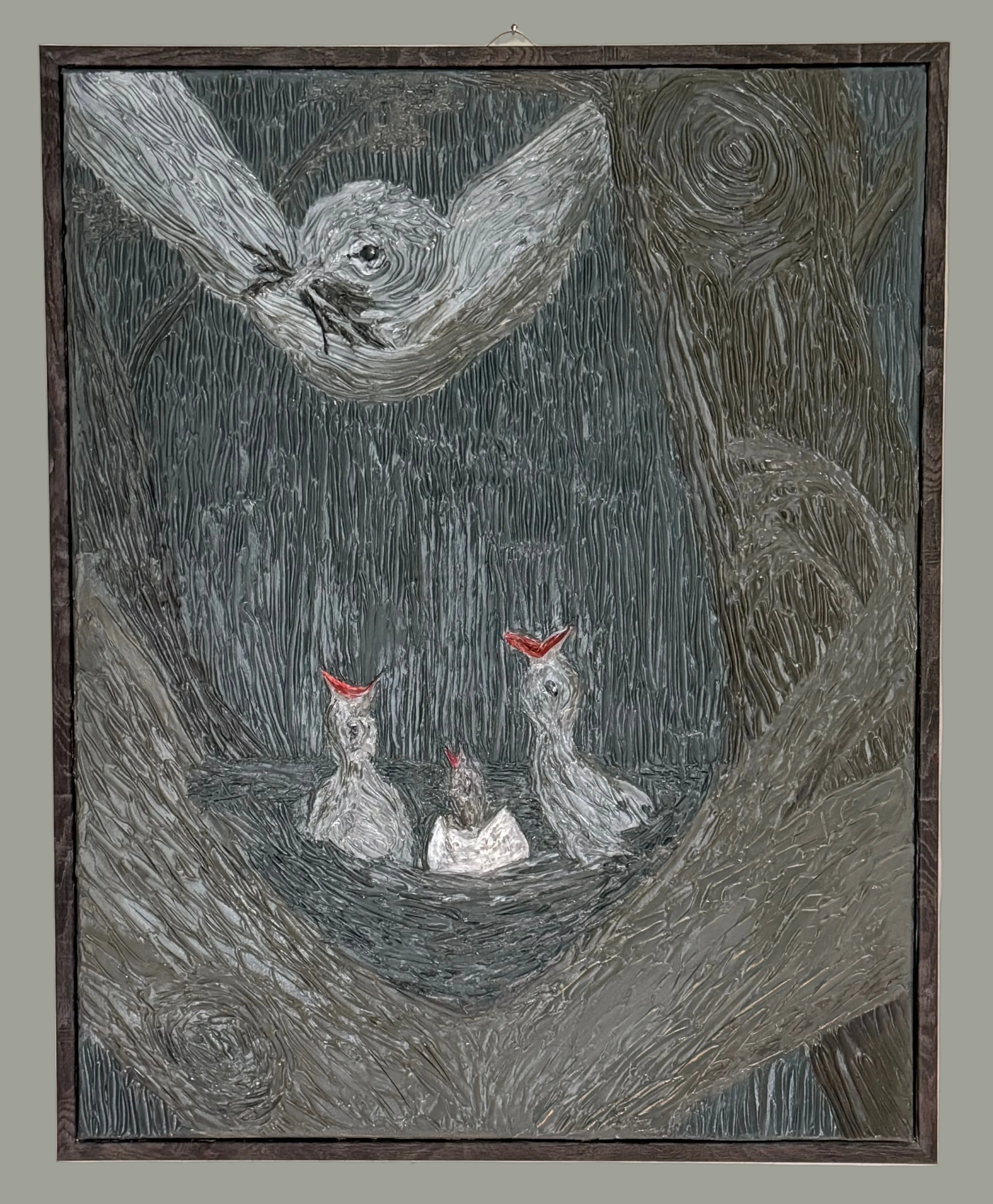 Artistic depiction of a bird with three chicks in a nest, surrounded by a dark, forest landscape.
