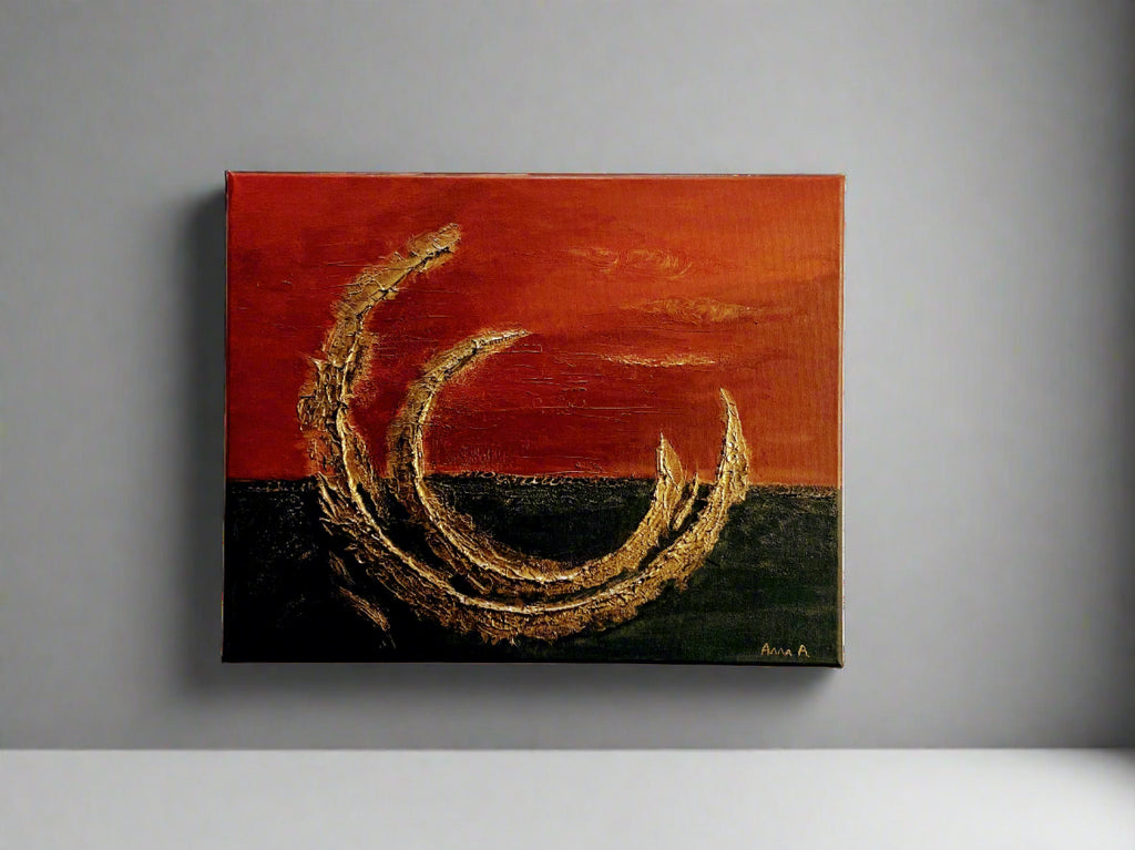 "The Twin Eclipse”: A captivating canvas showcasing the textured allure of a burgundy sunset over dark waters. Enhanced with hints of gold/bronze and black undertones, this piece evokes the mystique of an eclipsed horizon.