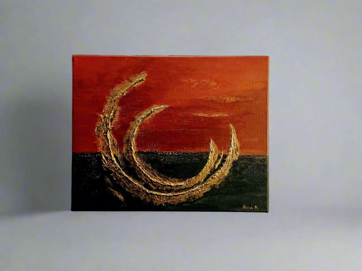 "The Twin Eclipse”: A captivating canvas showcasing the textured allure of a burgundy sunset over dark waters. Enhanced with hints of gold/bronze and black undertones, this piece evokes the mystique of an eclipsed horizon.
