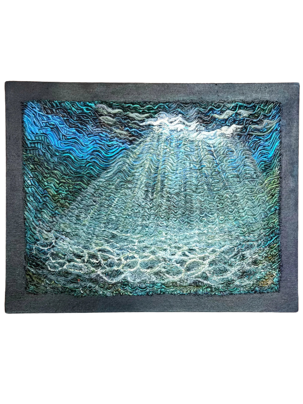 the painting of the ocean floor with sun rays cutting through the waves in the underwater scene