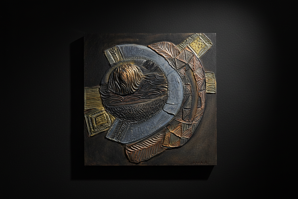 Relic of Form and Time — Fragments of Memory Surface, textured mixed media relief artwork by Alla Anew inspired by historical carved artifacts, decorative motifs, and cultural material traditions, displayed on a black background.