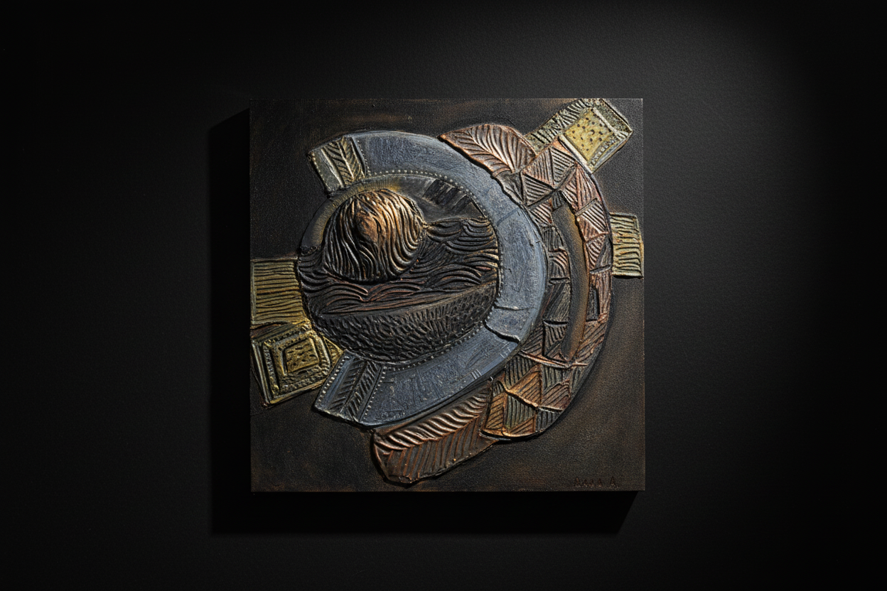 Relic of Form and Time — Fragments of Memory Surface, textured mixed media relief artwork by Alla Anew inspired by historical carved artifacts, decorative motifs, and cultural material traditions, displayed on a black background.