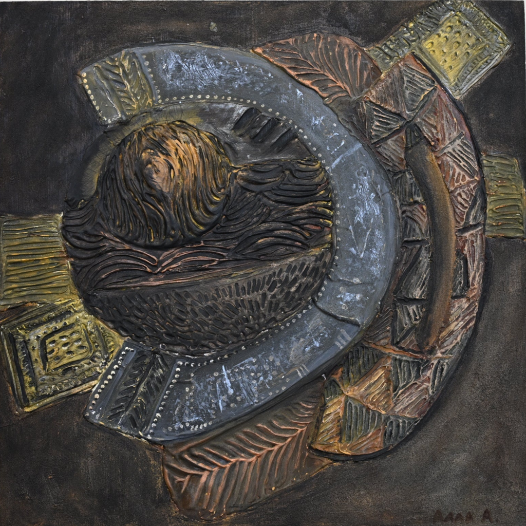 Relic of Form and Time — Fragments of Memory Surface, textured mixed media relief artwork by Alla Anew inspired by historical carved artifacts, decorative motifs, and cultural material traditions.