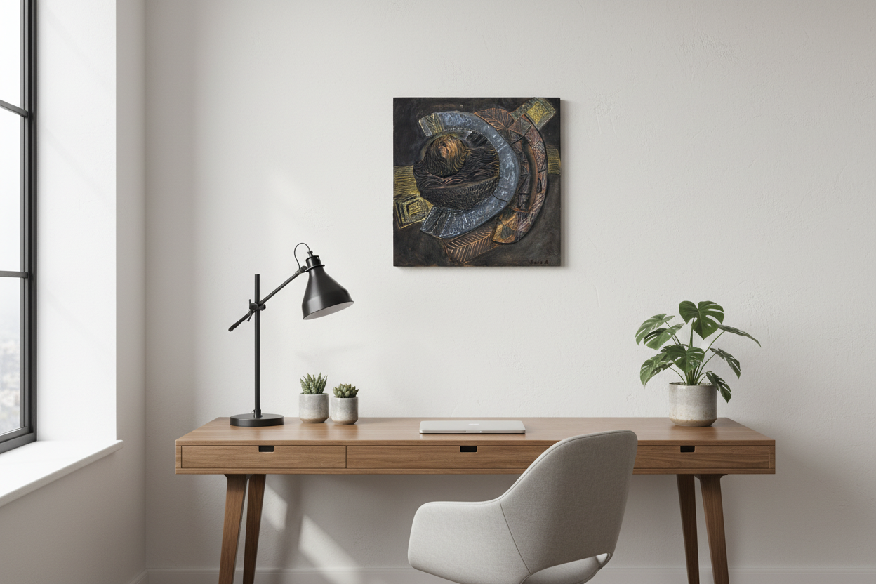 Modern office desk with a lamp, plants, and a painting on a white wall. Relic of Form and Time — Fragments of Memory Surface, textured mixed media relief artwork by Alla Anew inspired by historical carved artifacts, decorative motifs, and cultural material traditions.