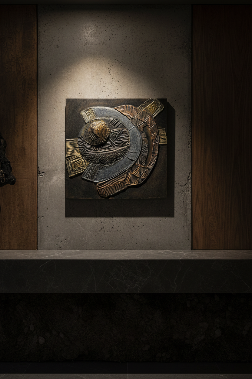 Textured abstract relief artwork inspired by carved artifacts and historical decorative forms on a textured wall with a spotlight