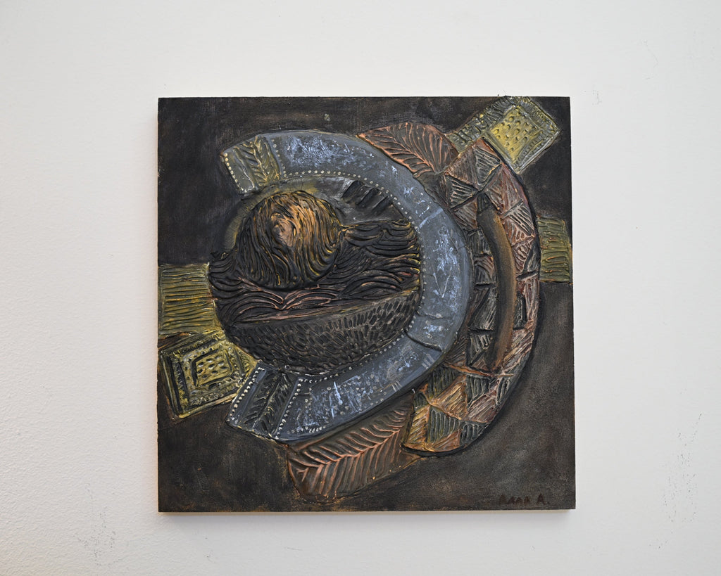 Relic of Form and Time — Fragments of Memory Surface, textured mixed media relief artwork by Alla Anew inspired by historical carved artifacts, decorative motifs, and cultural material traditions.
