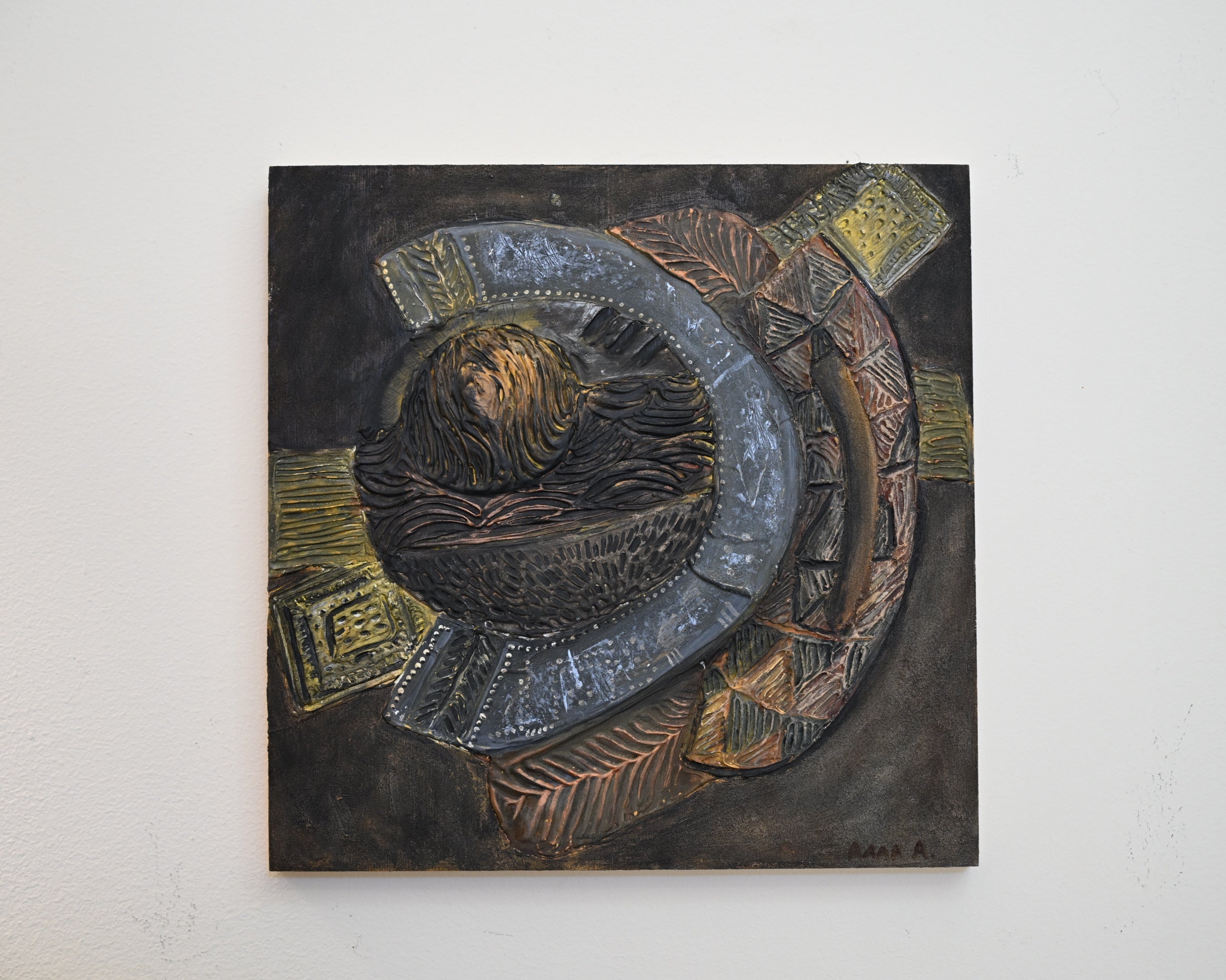 Relic of Form and Time — Fragments of Memory Surface, textured mixed media relief artwork by Alla Anew inspired by historical carved artifacts, decorative motifs, and cultural material traditions.