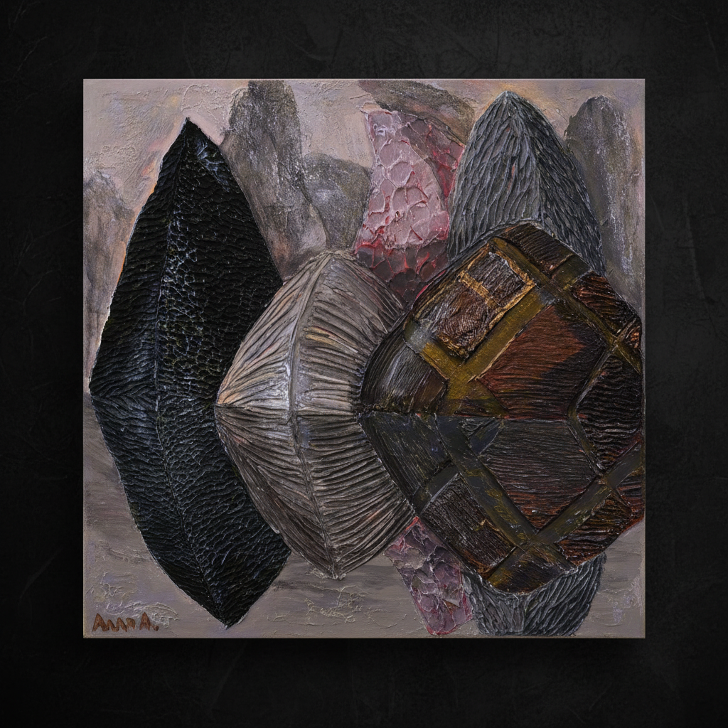Reflective Terrain, contemporary mixed-media relief artwork by Alla Anew featuring layered textures inspired by mountains, water reflections, erosion, and landscape memory.