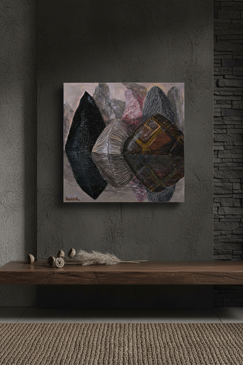 Abstract painting on a wall in a room with a wooden bench and decorative items.