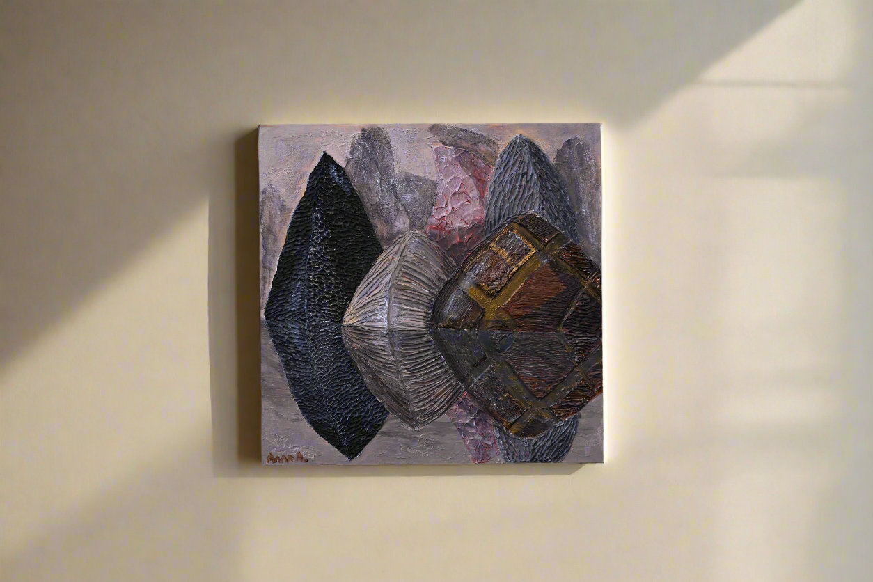 Reflective Terrain, contemporary mixed-media relief artwork by Alla Anew featuring layered textures inspired by mountains, water reflections, erosion, and landscape memory, on a beige wall