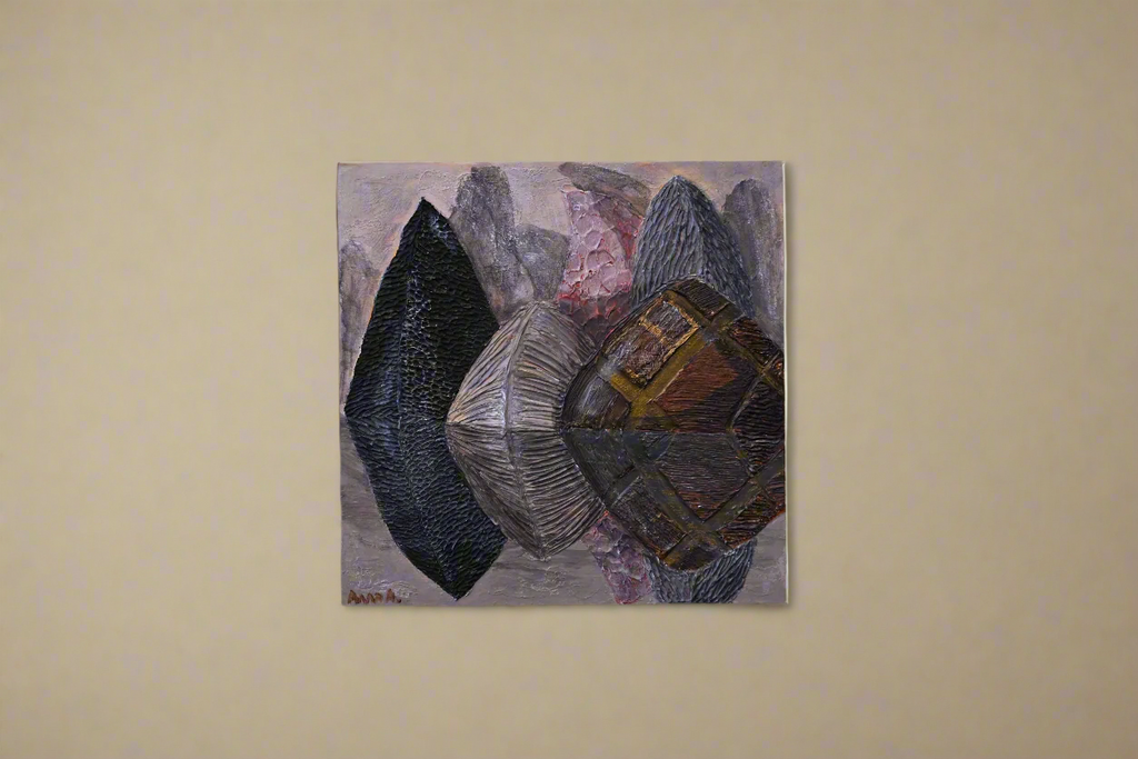 Abstract painting on a beige wall