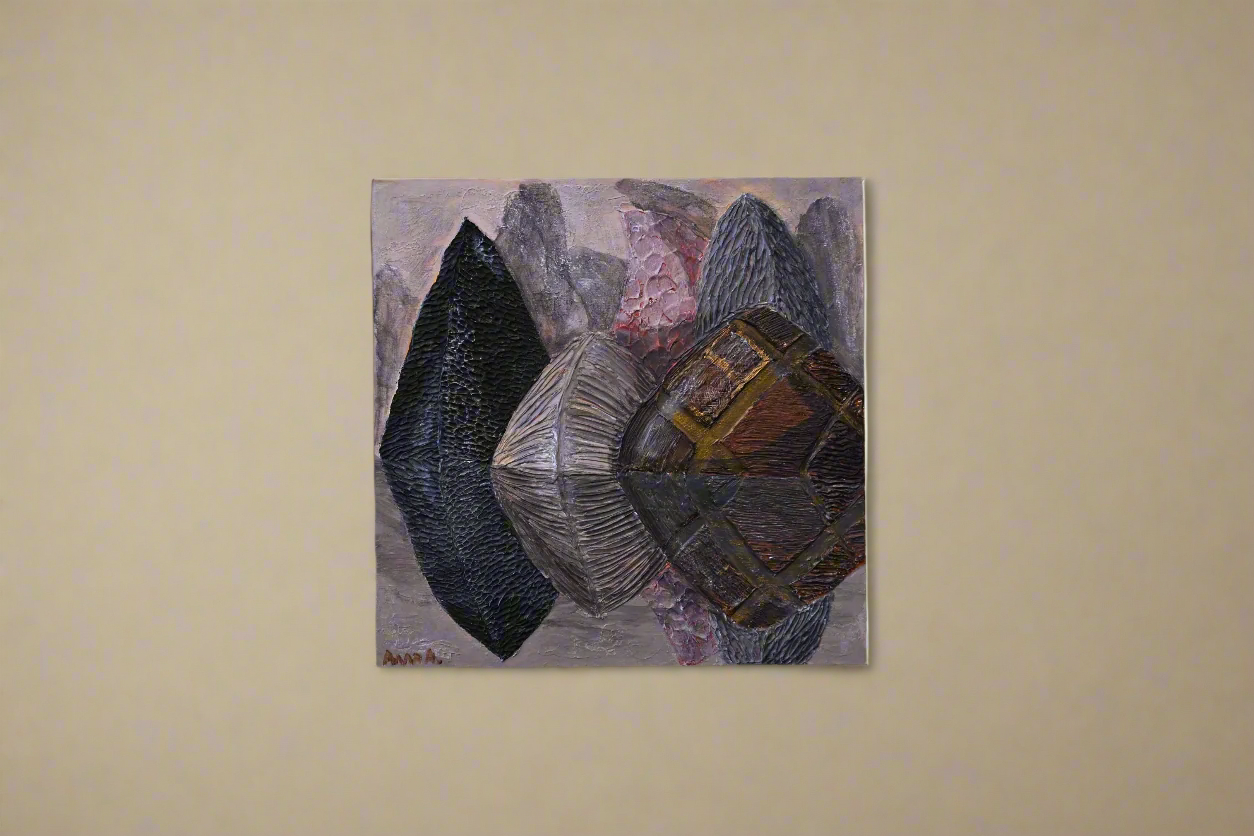 Abstract painting on a beige wall
