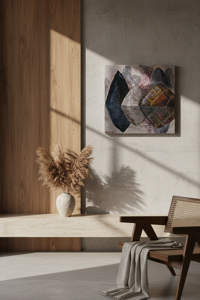 Modern interior with abstract painting, vase with dried plants, and wooden bench.