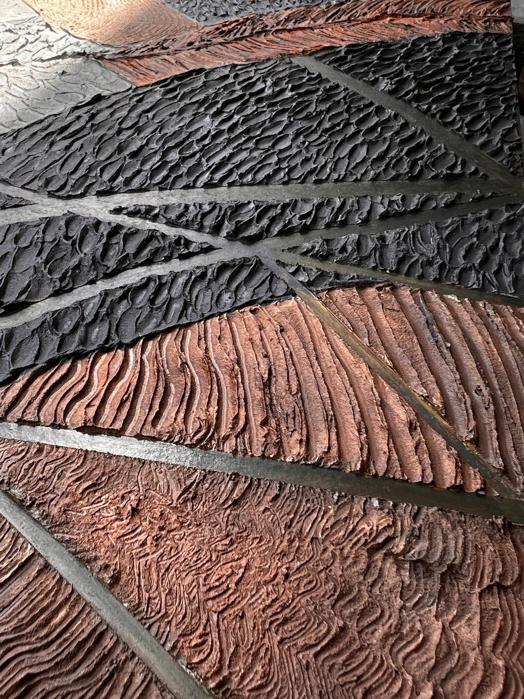 Relic of Form and Time — Carved Continuum, textured contemporary relief artwork by Alla Anew inspired by carved wood forms detail (1)
