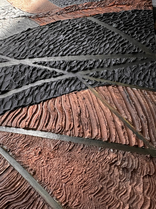 Relic of Form and Time — Carved Continuum, textured contemporary relief artwork by Alla Anew inspired by carved wood forms detail (1)
