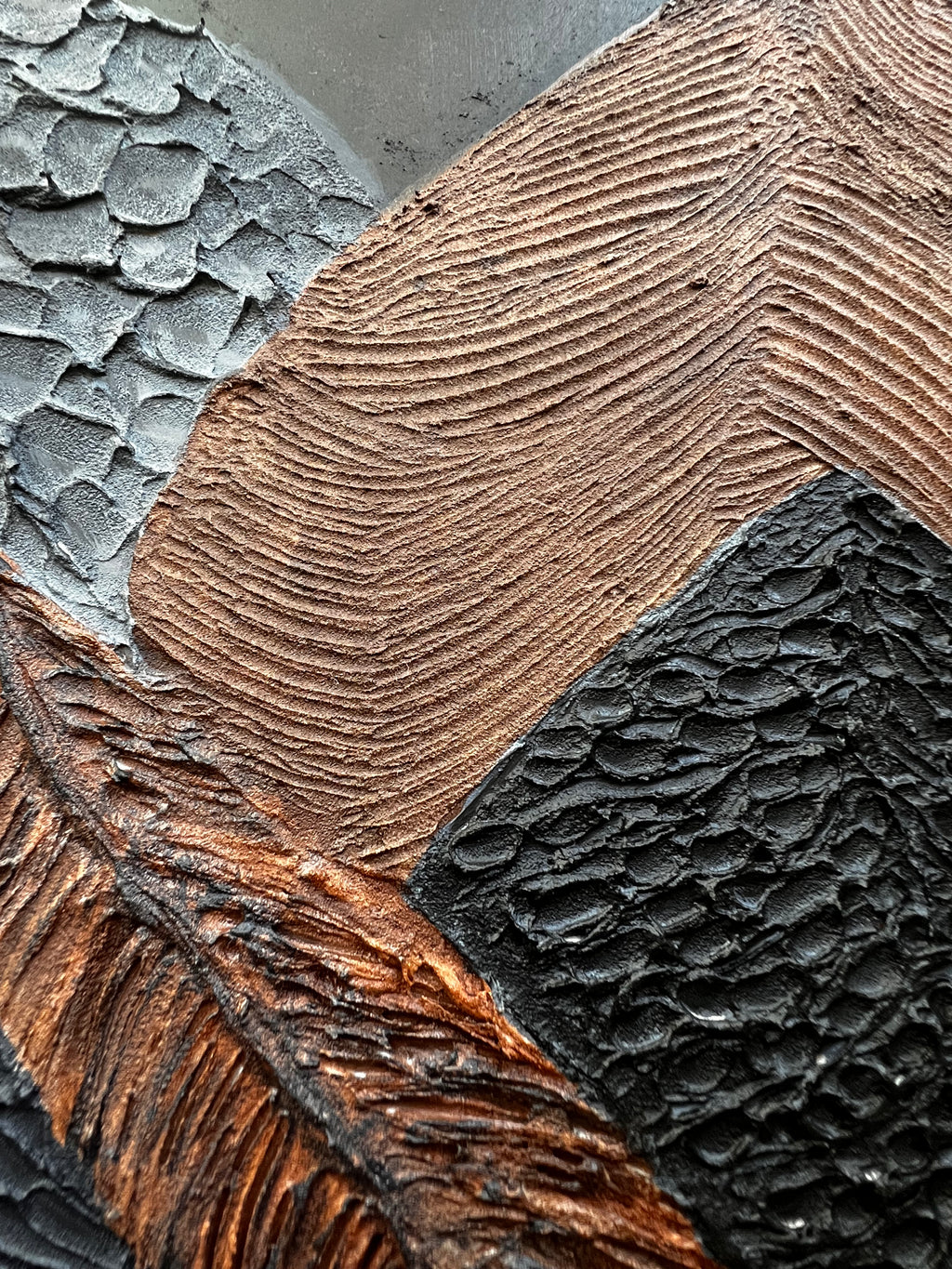Relic of Form and Time — Carved Continuum, textured contemporary relief artwork by Alla Anew inspired by carved wood forms detail (3)