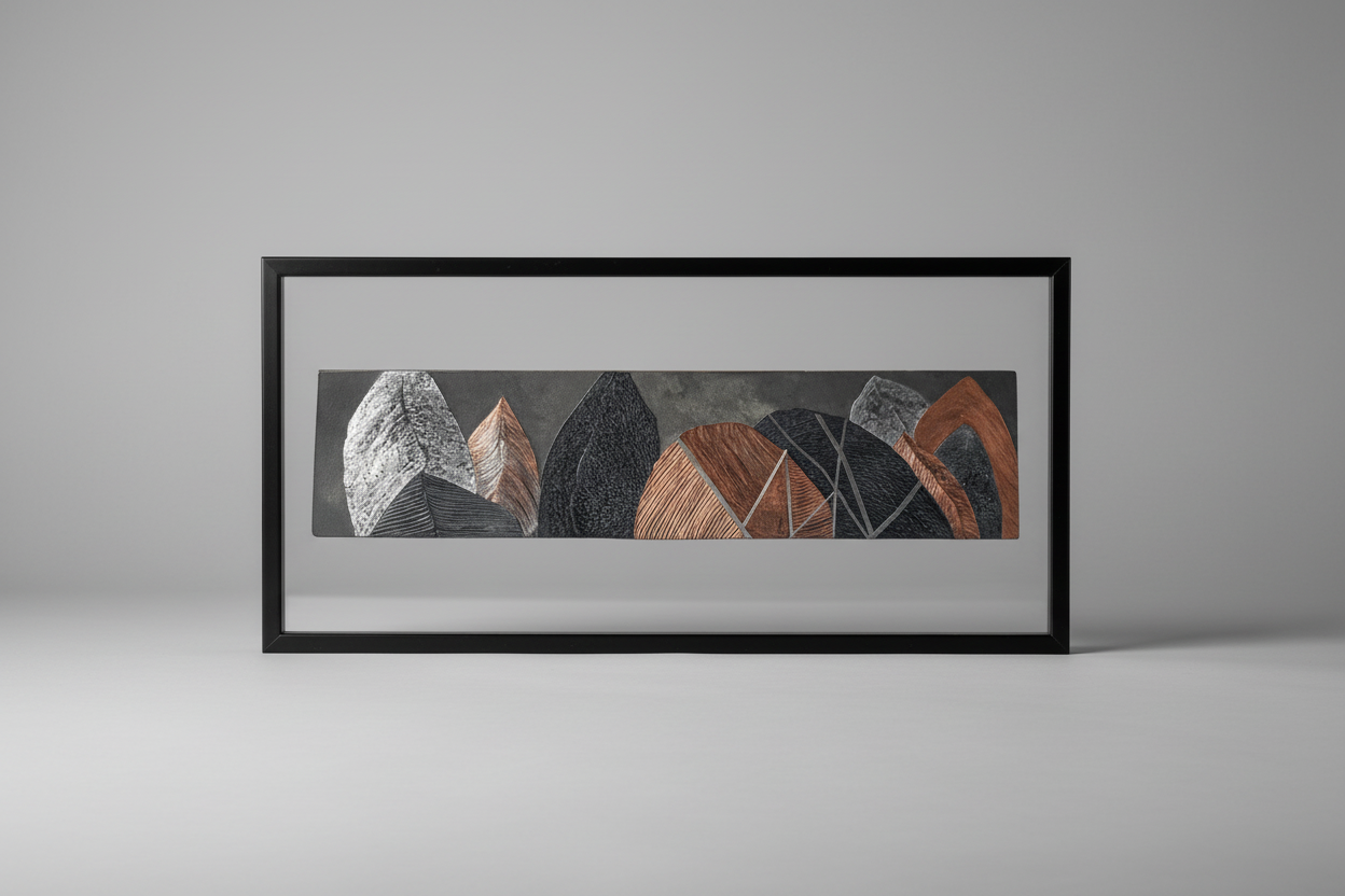 Framed abstract artwork with geometric shapes on a gray background
