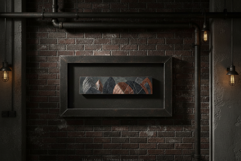 Framed artwork on a brick wall with industrial-style lighting.