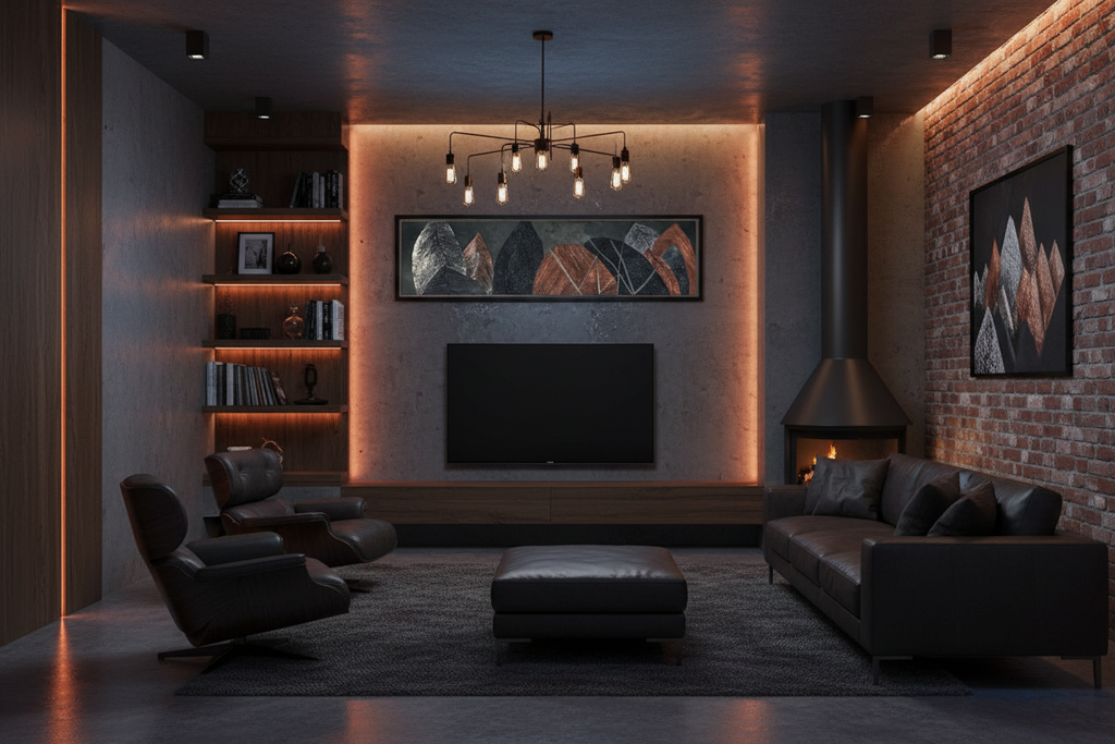Modern living room with dark furniture, a fireplace, and wall art.