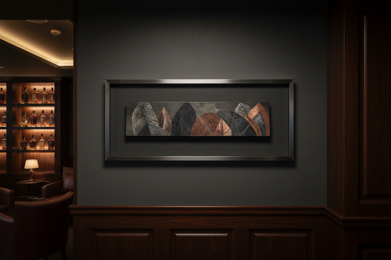Framed abstract artwork on a dark wall in a dimly lit room.