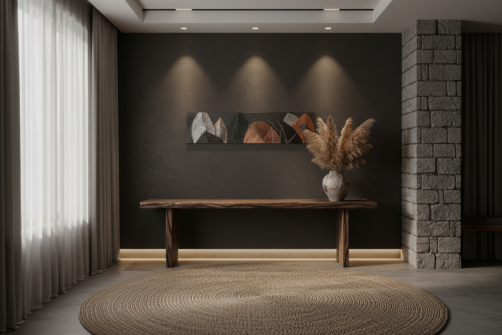 Modern interior with a dark wall, wooden bench, and decorative elements.