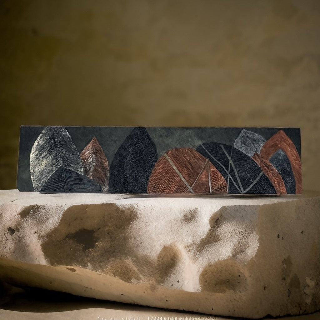 Relic of Form and Time — Carved Continuum, textured contemporary relief artwork by Alla Anew inspired by carved wood forms.