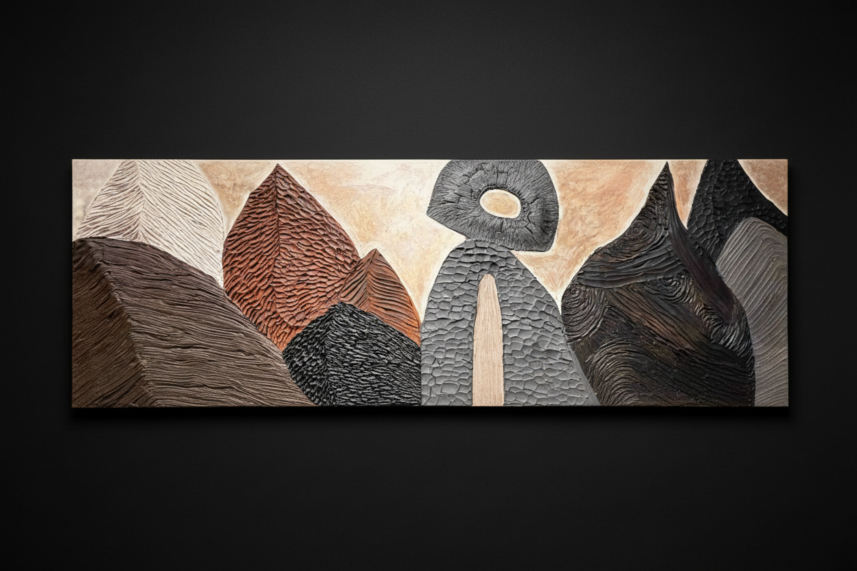 Abstract relief artwork with carved textures and layered sculptural surface inspired by woodcraft.