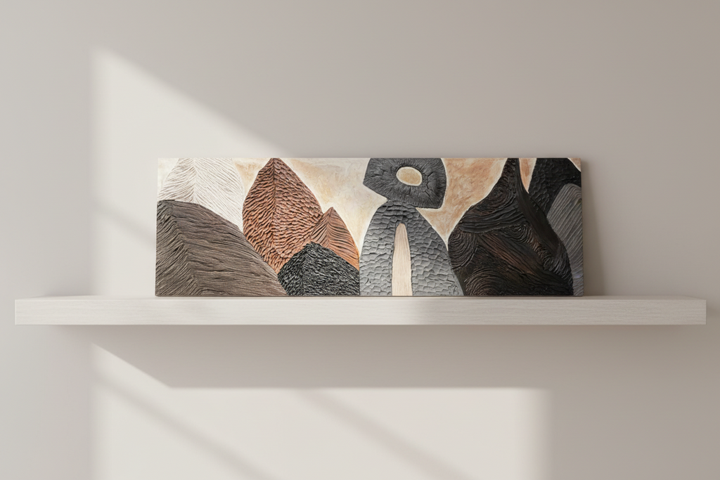 Textured relief artwork inspired by wood carving, featuring layered sculptural forms and organic surfaces.