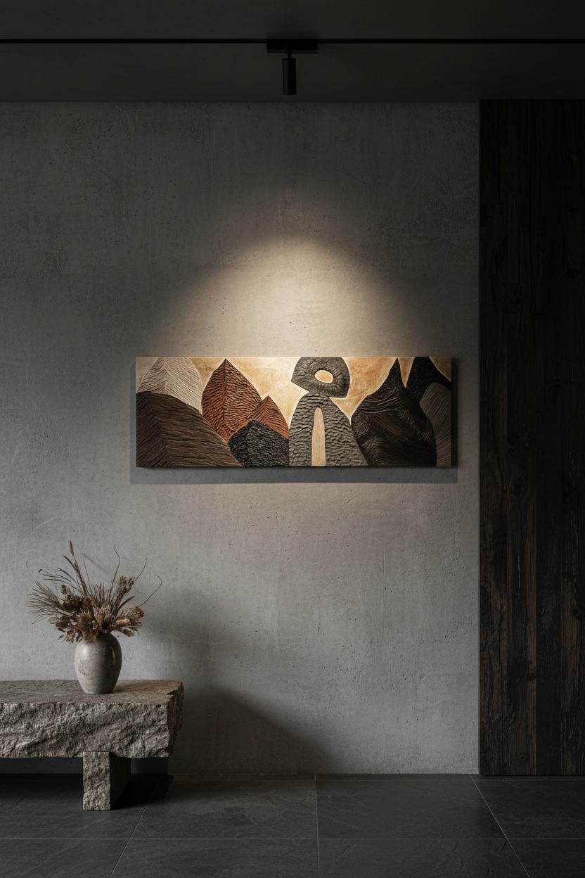 Textured contemporary relief artwork inspired by traditional wood carving techniques and organic material forms.