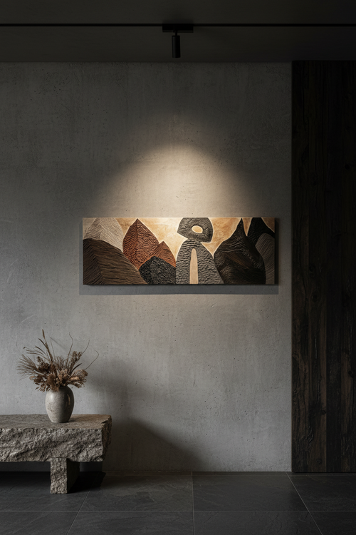Textured contemporary relief artwork inspired by traditional wood carving techniques and organic material forms.